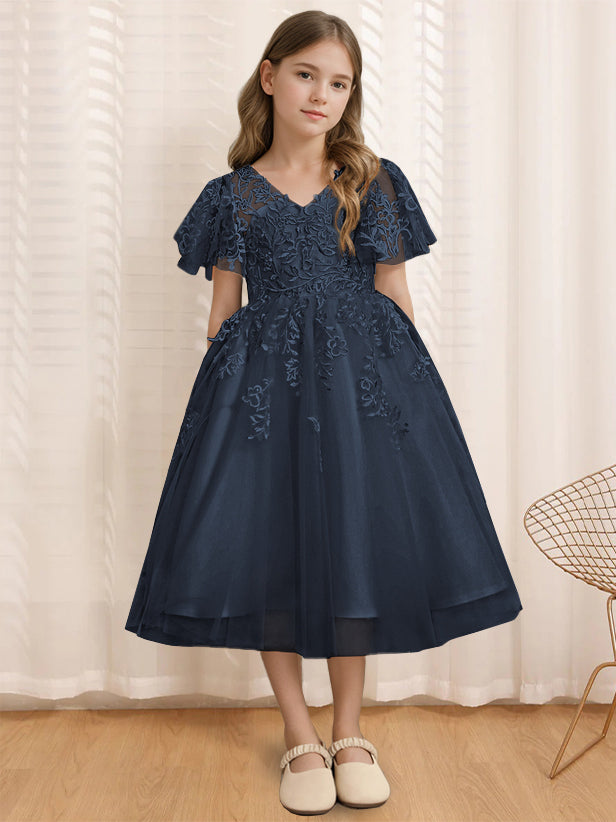 A-Line/Princess V-Neck Short Sleeves Tea-Length Flower Girl Dress with Lace