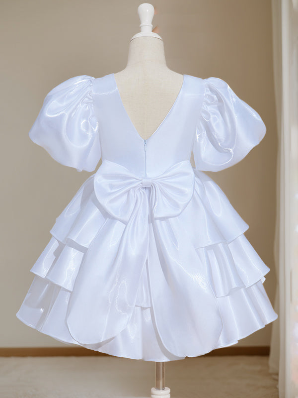 Ball-Gown Round Neck Short Sleeves Knee-Length Flower Girl Dress with Bowknot