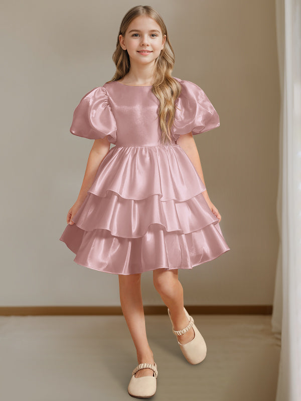 Ball-Gown Round Neck Short Sleeves Knee-Length Flower Girl Dress with Bowknot