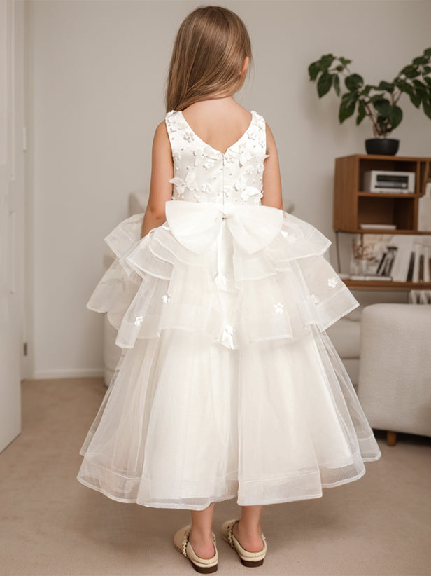 Ball-Gown Round Neck Sleeveless Ankle-Length Flower Girl Dress with Lace