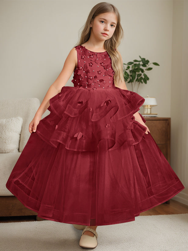 Ball-Gown Round Neck Sleeveless Ankle-Length Flower Girl Dress with Lace