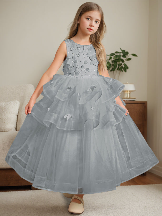 Ball-Gown Round Neck Sleeveless Ankle-Length Flower Girl Dress with Lace