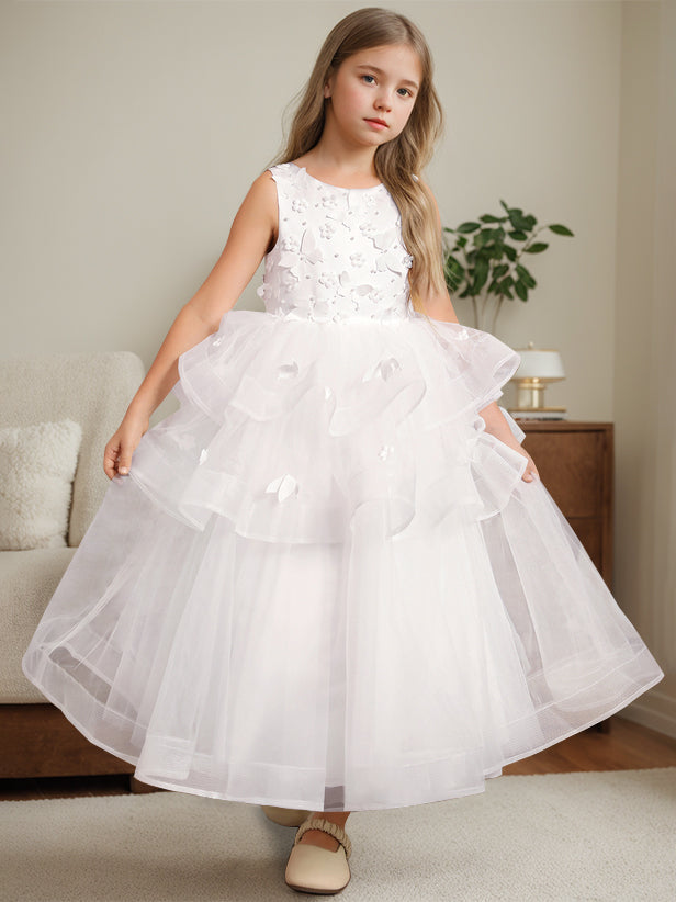 Ball-Gown Round Neck Sleeveless Ankle-Length Flower Girl Dress with Lace