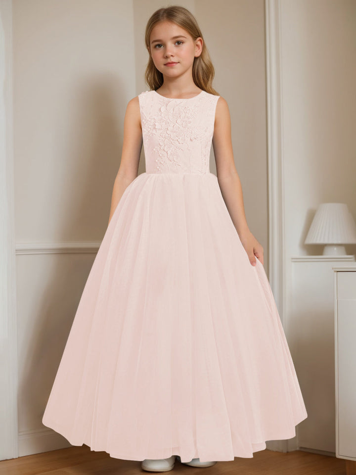 A-Line/Princess Round Neck Sleeveless Floor-Length Flower Girl Dress with Appliques