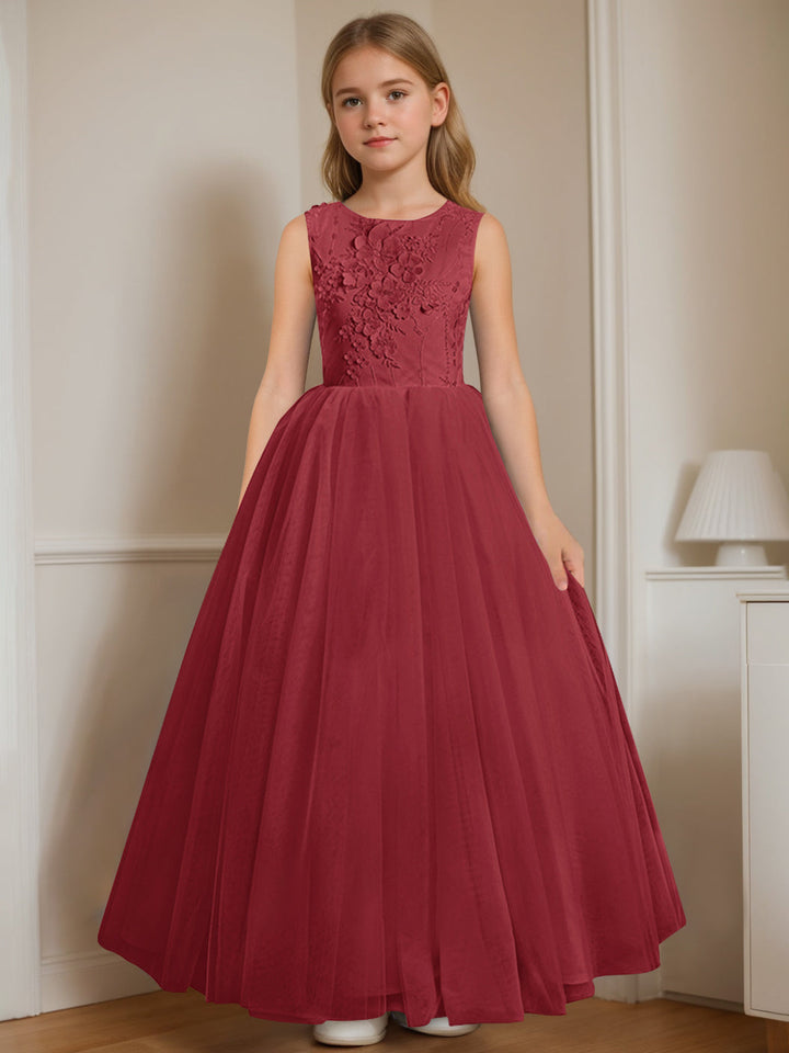 A-Line/Princess Round Neck Sleeveless Floor-Length Flower Girl Dress with Appliques