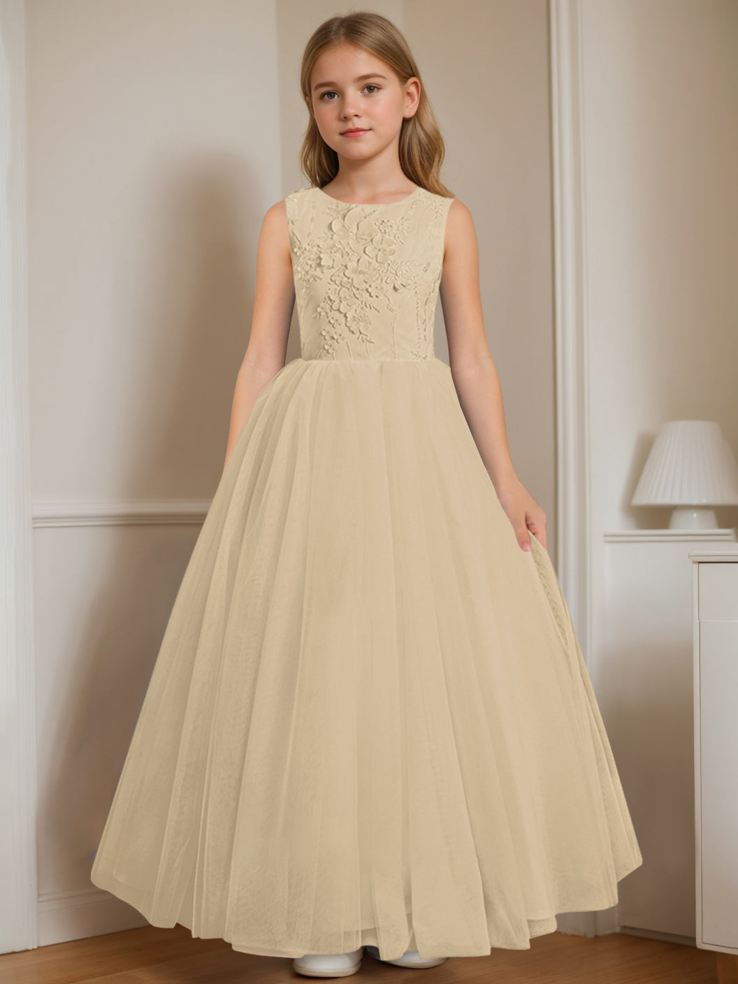 A-Line/Princess Round Neck Sleeveless Floor-Length Flower Girl Dress with Appliques