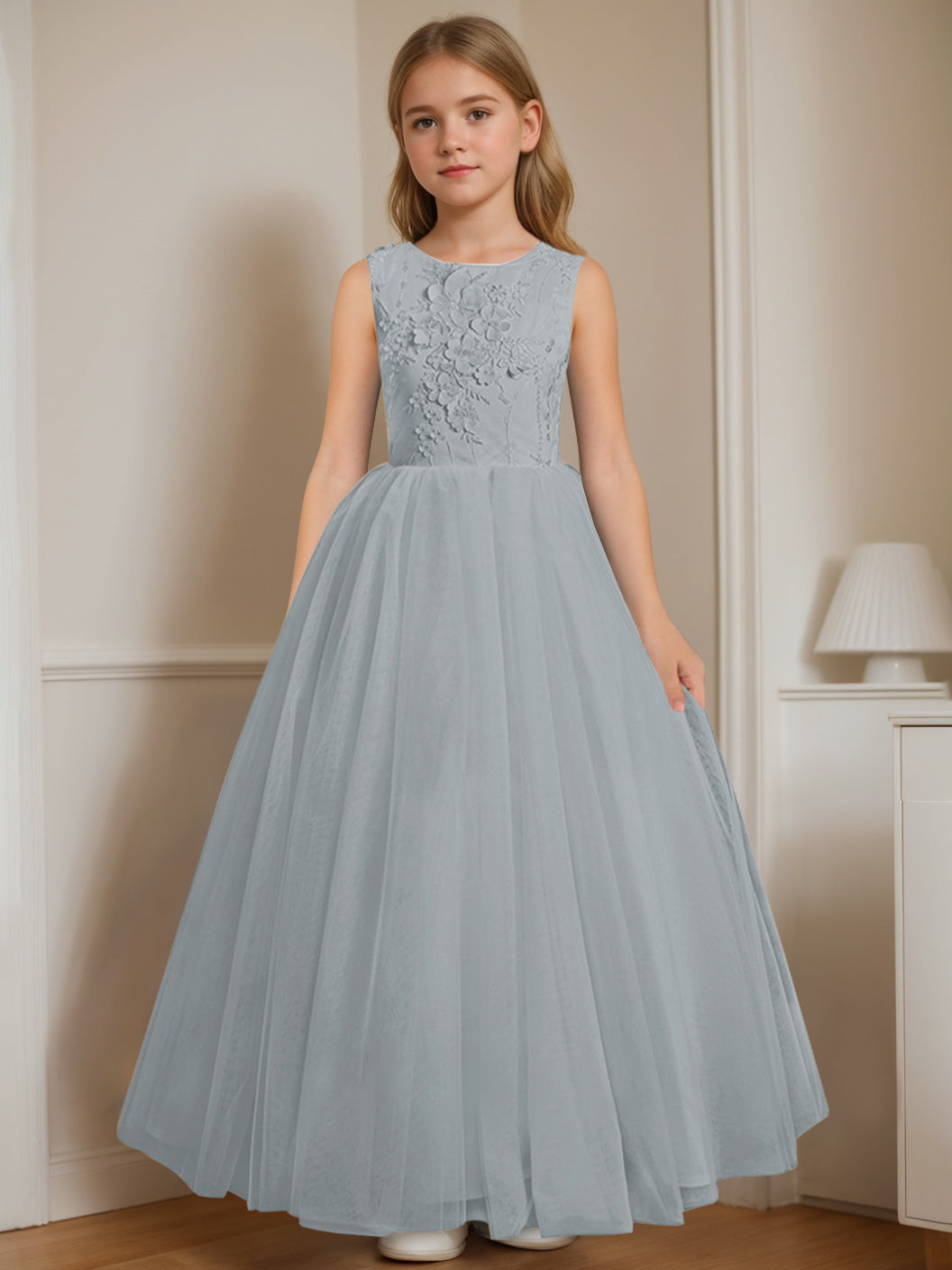 A-Line/Princess Round Neck Sleeveless Floor-Length Flower Girl Dress with Appliques