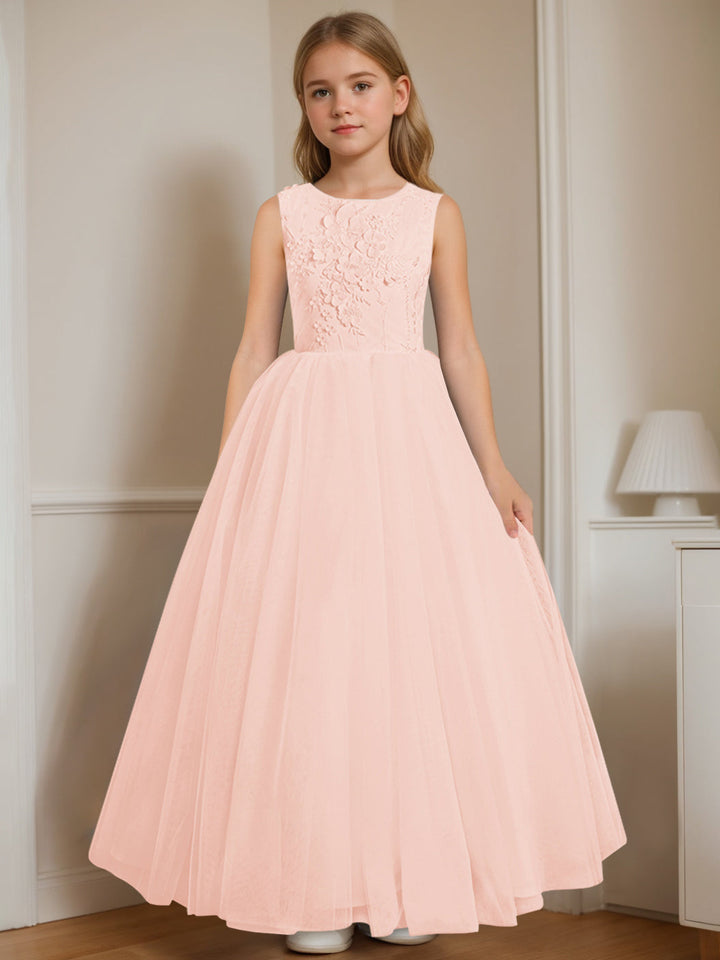 A-Line/Princess Round Neck Sleeveless Floor-Length Flower Girl Dress with Appliques