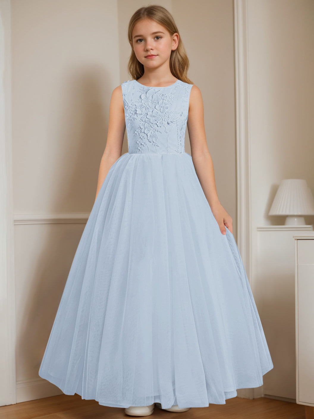 A-Line/Princess Round Neck Sleeveless Floor-Length Flower Girl Dress with Appliques