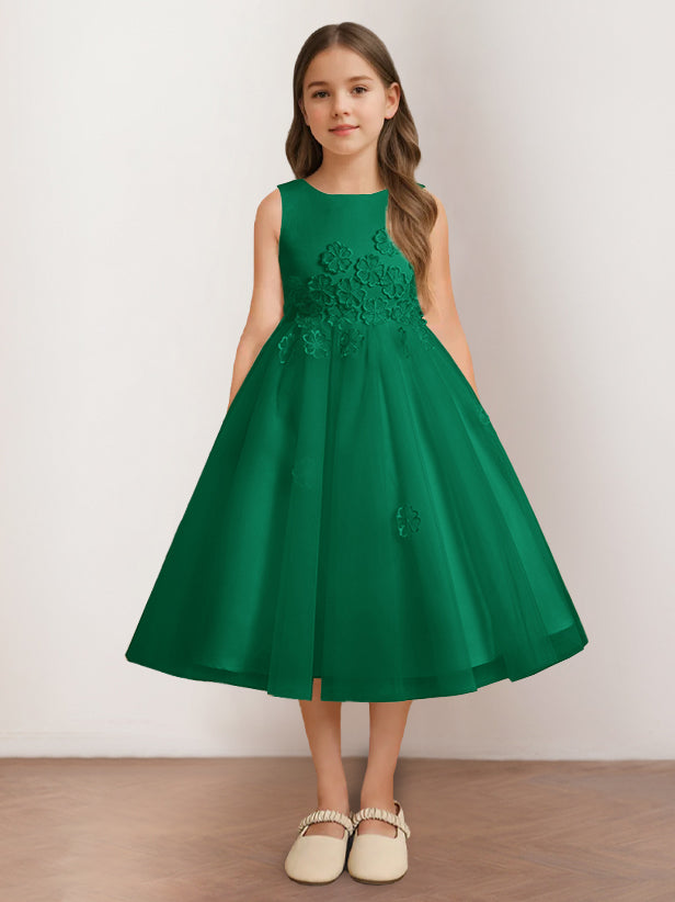 A-Line/Princess Scoop Neck Sleeveless Tea-Length Flower Girl Dress with Appliques