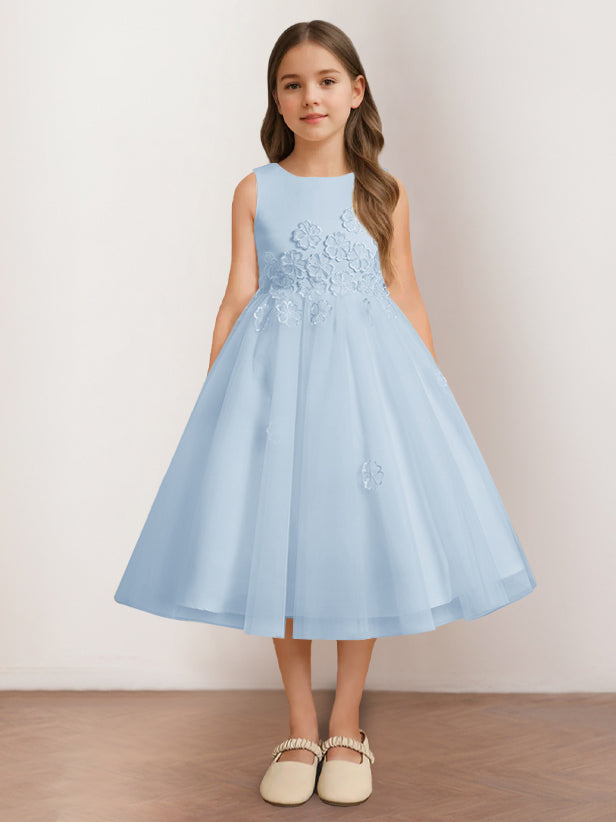 A-Line/Princess Scoop Neck Sleeveless Tea-Length Flower Girl Dress with Appliques