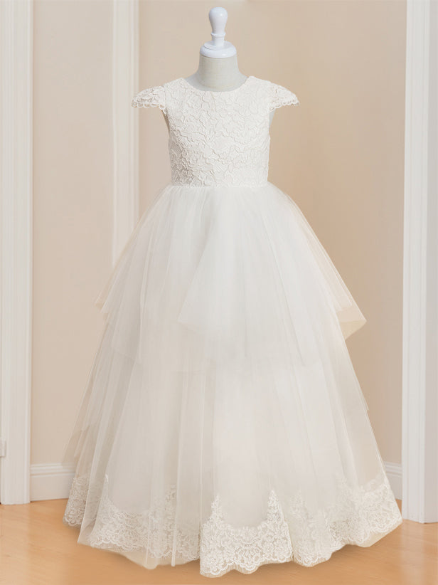 Ball-Gown Scoop Neck Sleeveless Floor-Length Flower Girl Dress with Lace & Bowknot