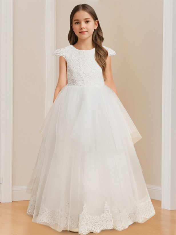 Ball-Gown Scoop Neck Sleeveless Floor-Length Flower Girl Dress with Lace & Bowknot