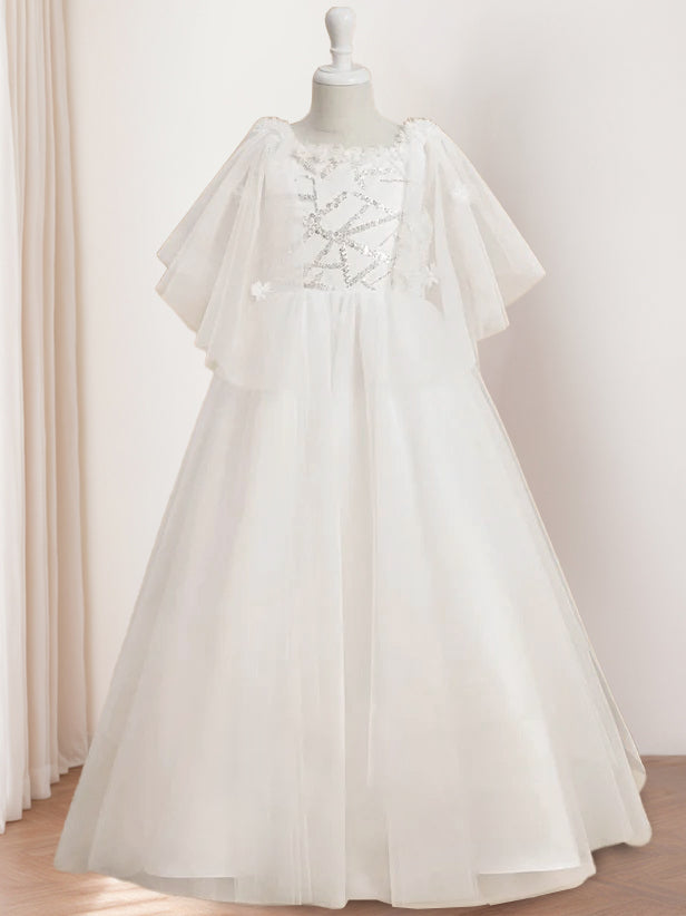 A-Line/Princess Scoop Neck Short Sleeves Floor-Length Flower Girl Dress