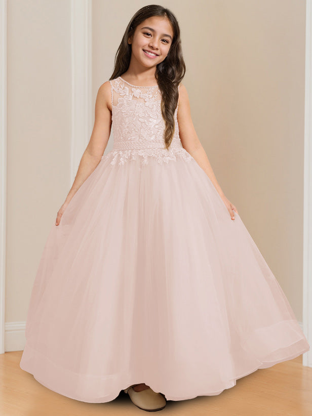 Ball-Gown Round Neck Sleeveless Floor-Length Flower Girl Dress with Appliques