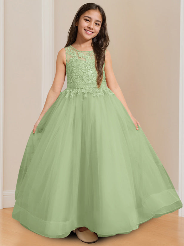 Ball-Gown Round Neck Sleeveless Floor-Length Flower Girl Dress with Appliques