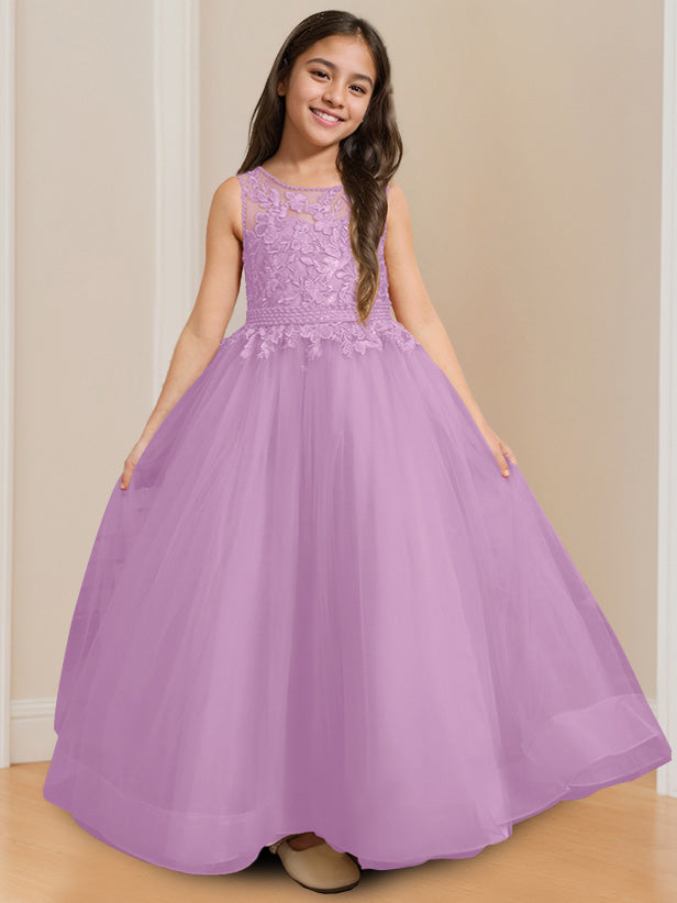 Ball-Gown Round Neck Sleeveless Floor-Length Flower Girl Dress with Appliques