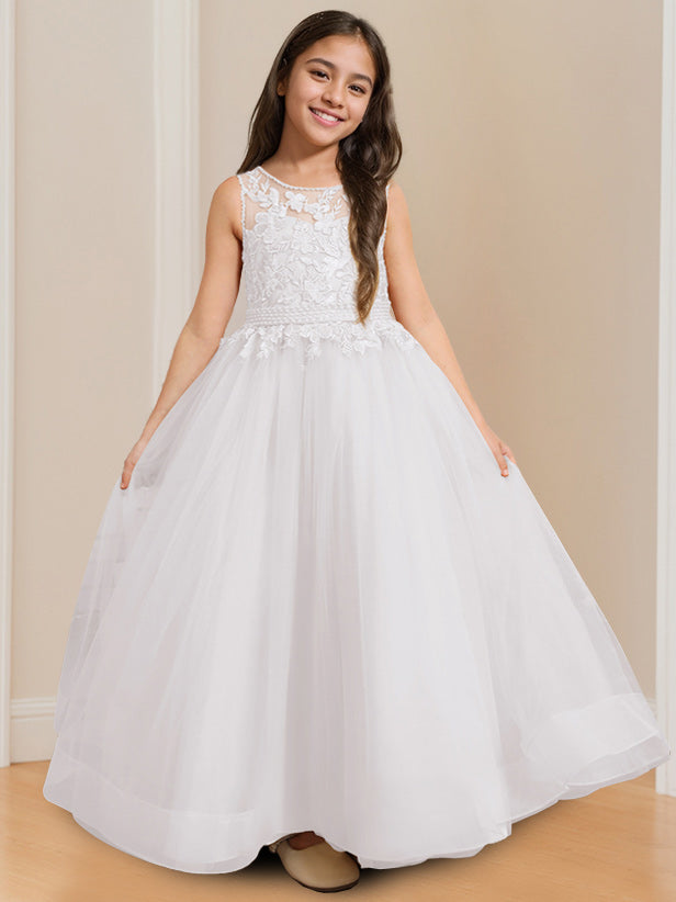 Ball-Gown Round Neck Sleeveless Floor-Length Flower Girl Dress with Appliques