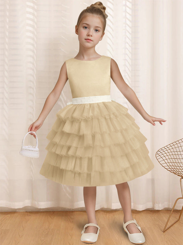 Ball-Gown Round Neck Sleeveless Knee-Length Flower Girl Dress with Ruffles & Bowknot