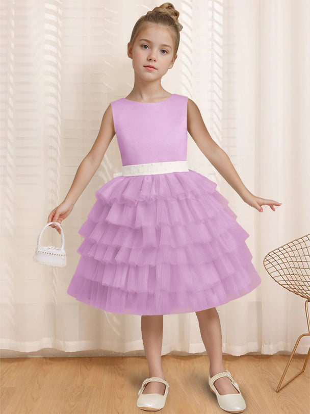 Ball-Gown Round Neck Sleeveless Knee-Length Flower Girl Dress with Ruffles & Bowknot