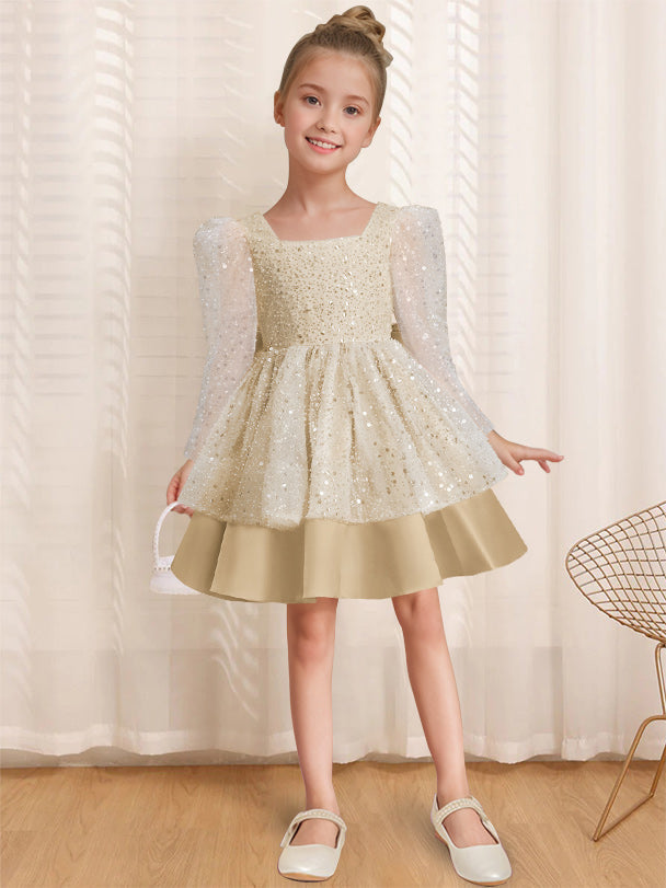 A-Line/Princess Square Neck Long Sleeves Knee-Length Flower Girl Dress with Bowknot