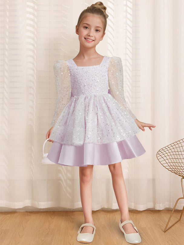 A-Line/Princess Square Neck Long Sleeves Knee-Length Flower Girl Dress with Bowknot