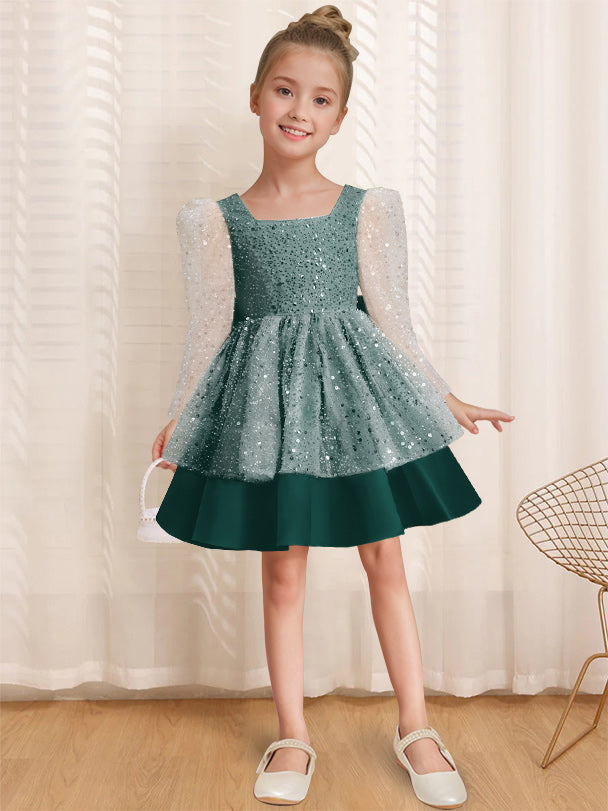 A-Line/Princess Square Neck Long Sleeves Knee-Length Flower Girl Dress with Bowknot