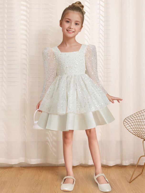 A-Line/Princess Square Neck Long Sleeves Knee-Length Flower Girl Dress with Bowknot