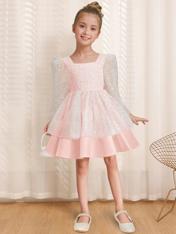 A-Line/Princess Square Neck Long Sleeves Knee-Length Flower Girl Dress with Bowknot