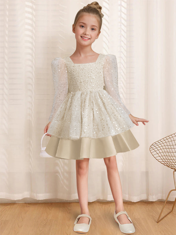 A-Line/Princess Square Neck Long Sleeves Knee-Length Flower Girl Dress with Bowknot