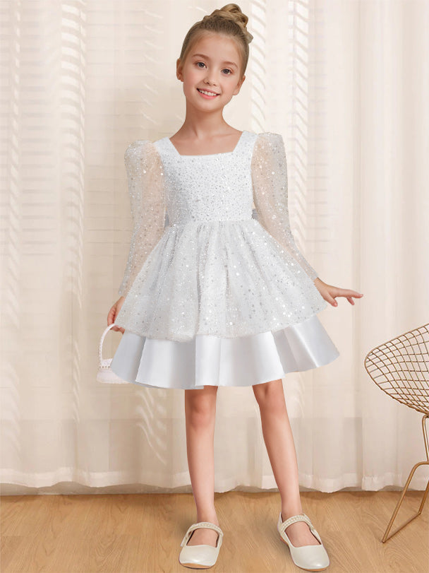 A-Line/Princess Square Neck Long Sleeves Knee-Length Flower Girl Dress with Bowknot