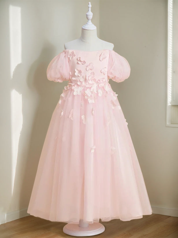 A-Line/Princess Off-the-Shoulder Ankle-Length Flower Girl Dress with Beads & 3D Flowers