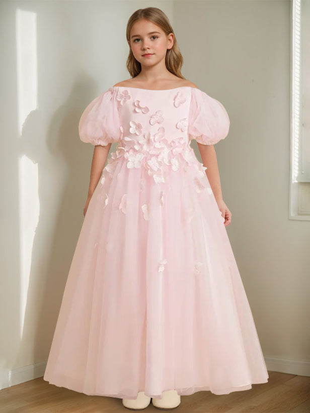 A-Line/Princess Off-the-Shoulder Ankle-Length Flower Girl Dress with Beads & 3D Flowers