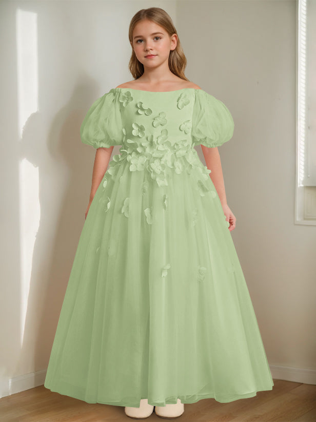 A-Line/Princess Off-the-Shoulder Ankle-Length Flower Girl Dress with Beads & 3D Flowers