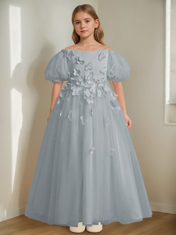 A-Line/Princess Off-the-Shoulder Ankle-Length Flower Girl Dress with Beads & 3D Flowers