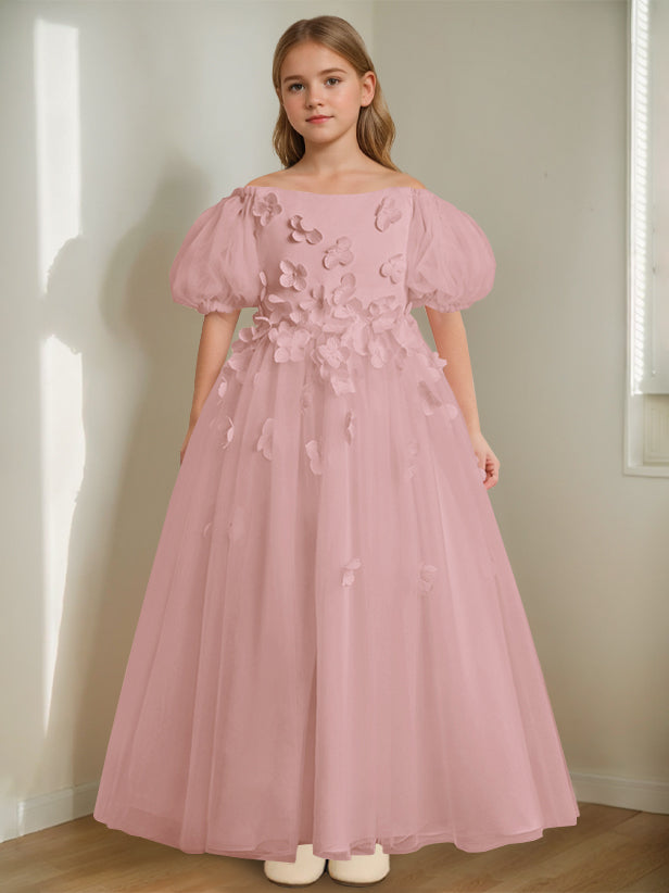 A-Line/Princess Off-the-Shoulder Ankle-Length Flower Girl Dress with Beads & 3D Flowers