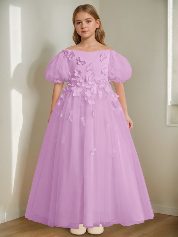 A-Line/Princess Off-the-Shoulder Ankle-Length Flower Girl Dress with Beads & 3D Flowers