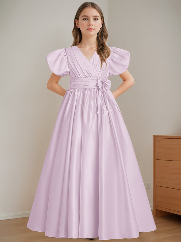 A-Line/Princess V-Neck Short Sleeves Floor-Length Flower Girl Dress with 3D Flowers