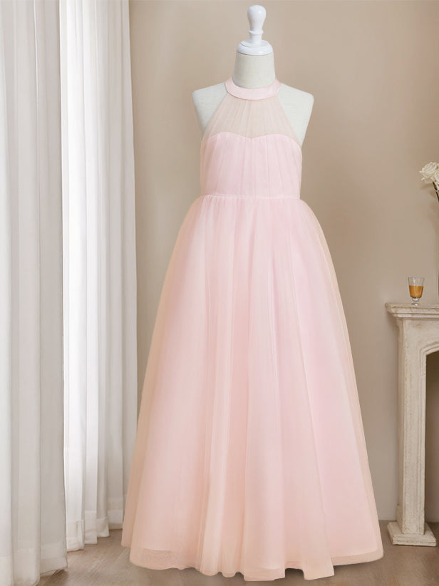 A-Line/Princess Halter Neck Sleeveless Floor-Length Flower Girl Dress with Bowknot