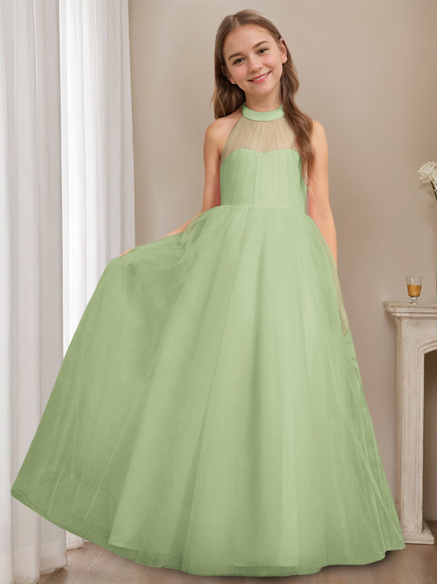 A-Line/Princess Halter Neck Sleeveless Floor-Length Flower Girl Dress with Bowknot