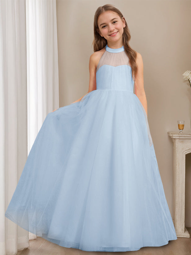 A-Line/Princess Halter Neck Sleeveless Floor-Length Flower Girl Dress with Bowknot