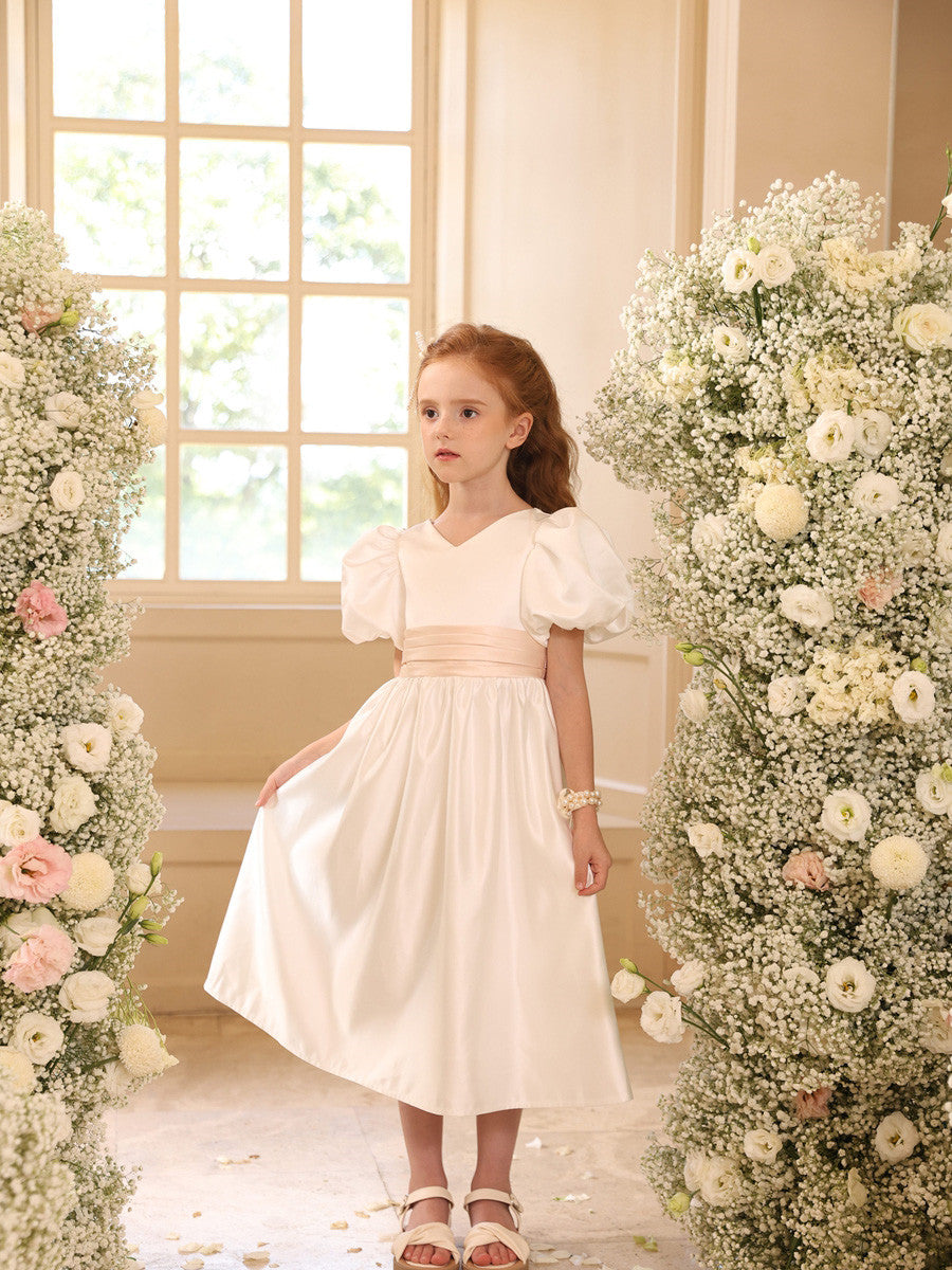 A-Line/Princess Satin V-Neck Short Sleeves Tea-Length Flower Girl Dresses