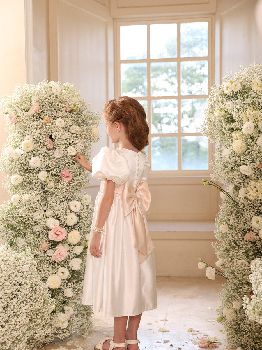 A-Line/Princess Satin V-Neck Short Sleeves Tea-Length Flower Girl Dresses