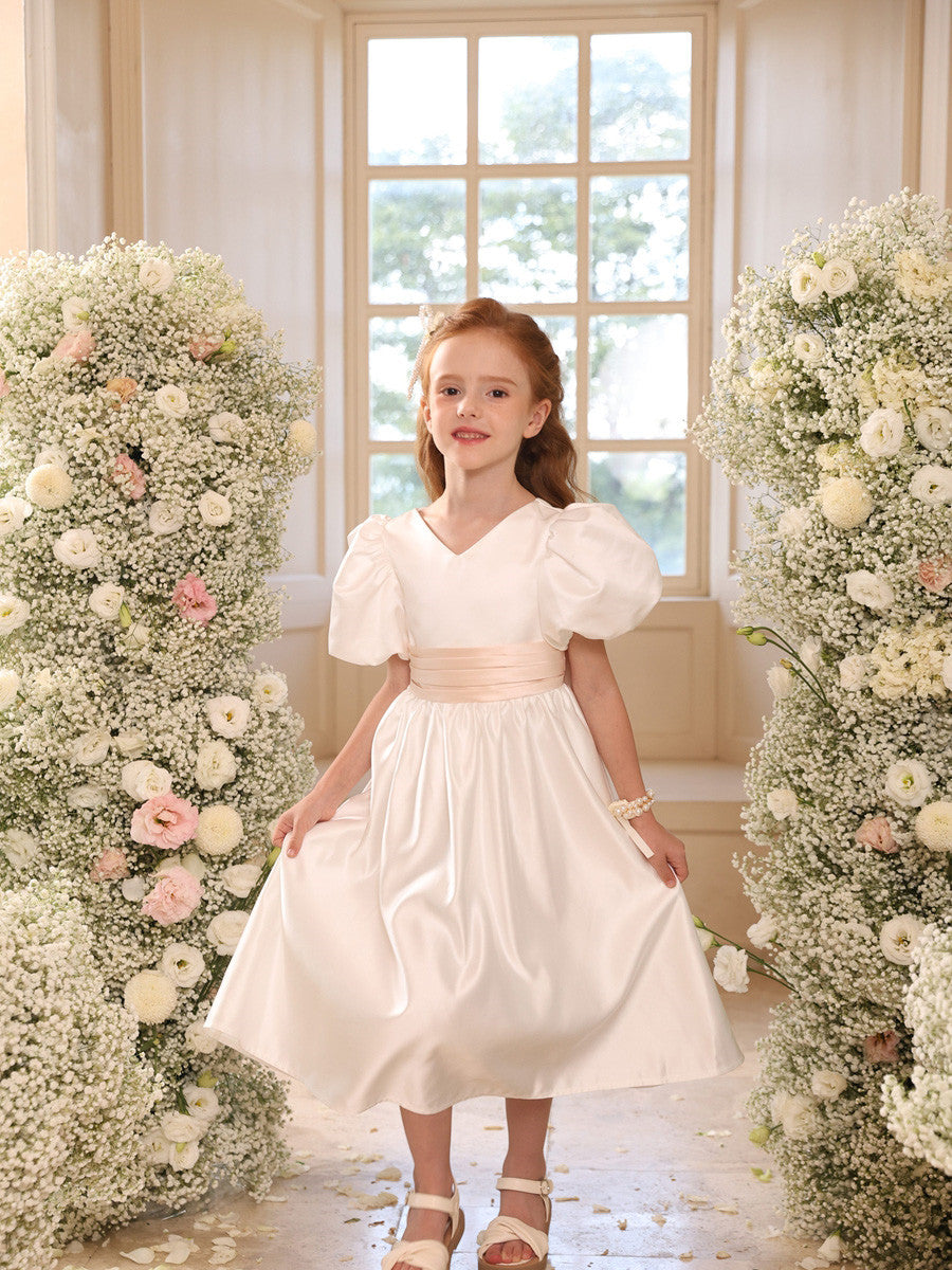 A-Line/Princess Satin V-Neck Short Sleeves Tea-Length Flower Girl Dresses