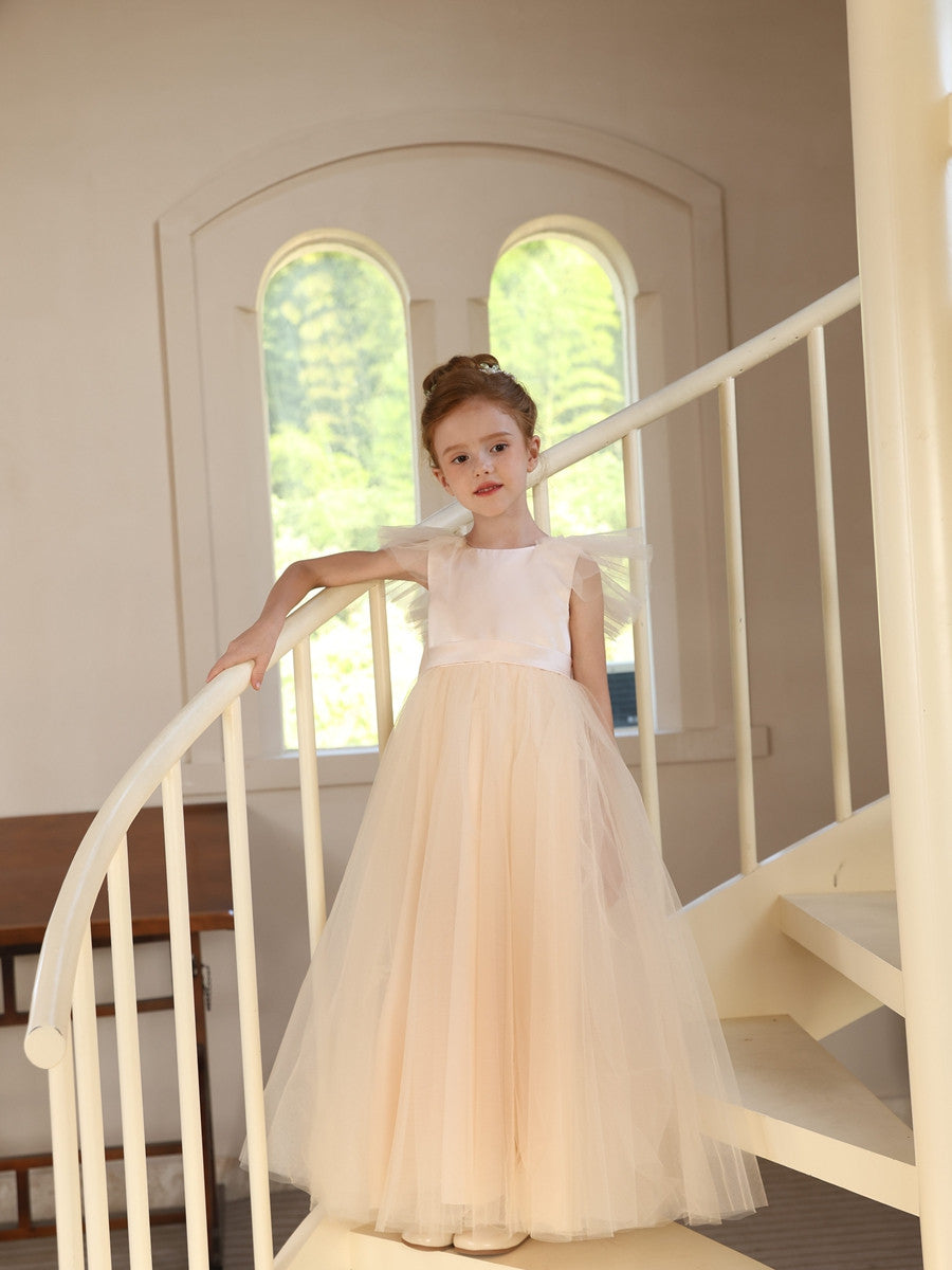 Ball-Gown Satin Tulle Scoop Sleeveless Floor-Length  Flower Girl Dresses