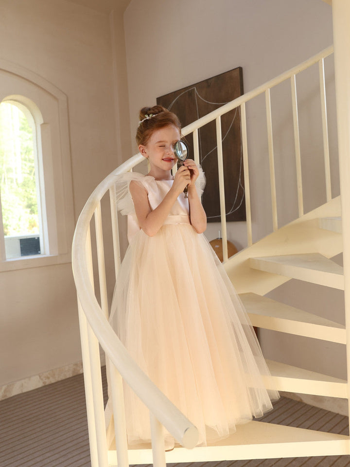 Ball-Gown Satin Tulle Scoop Sleeveless Floor-Length  Flower Girl Dresses