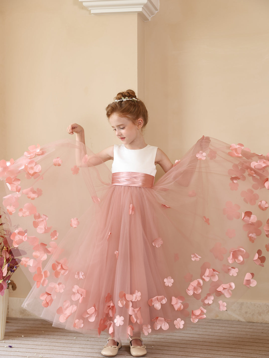 Ball-Gown Satin Tulle Scoop Sleeveless Ankle Length  Flower Girl Dresses With Flower