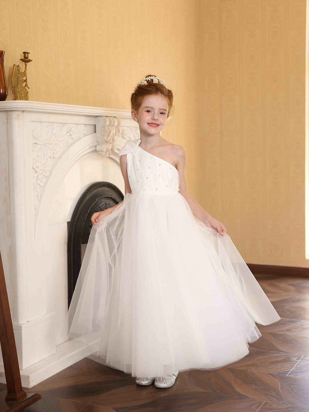 Ball-Gown Satin Tulle One-shoulder Sleeveless Ankle-Length Flower Girl Dresses With Bowknot