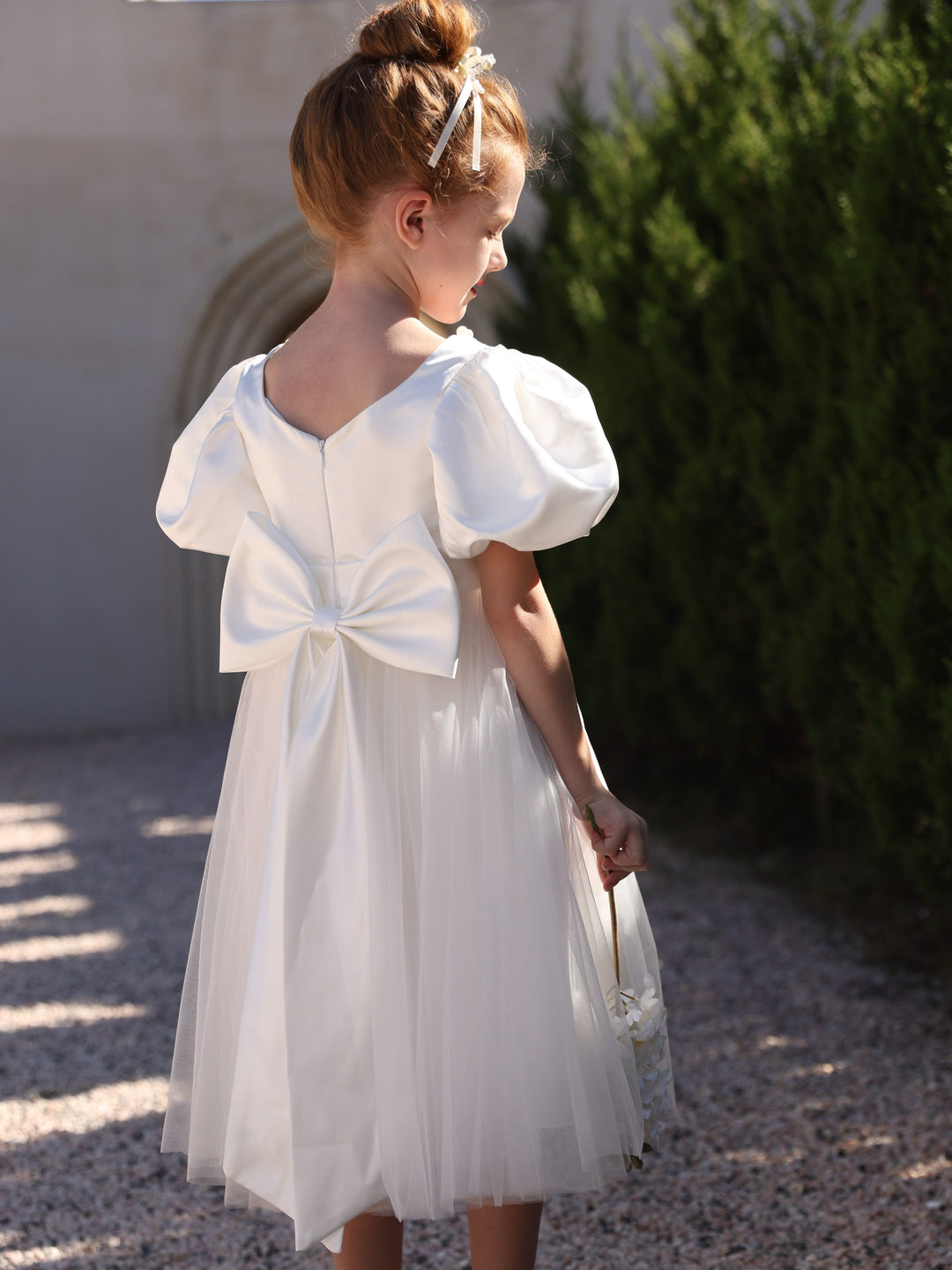 Ball-Gown Satin Tulle Scoop Short Sleeves Tea-Length Flower Girl Dresses With Bowknot