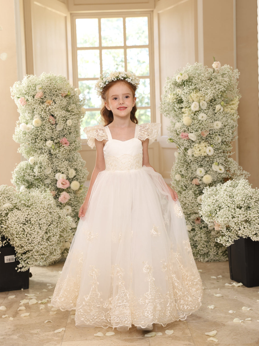 Ball-Gown Tulle Square Neckline Sleeveless Floor-Length Lace Flower Girl Dresses